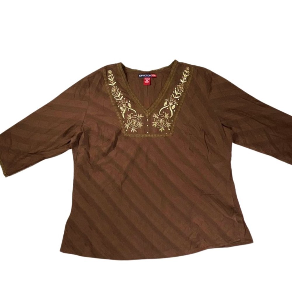 Kommotion NY Plus Embroidered Boho Brown V-Neck Cotton Top 2X